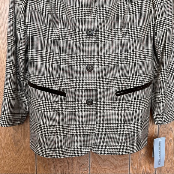 Amanda Smith Petites Preppy Houndstooth Plaid Boxy Blazer Velvet Trim Wool Blend - Picture 5 of 16